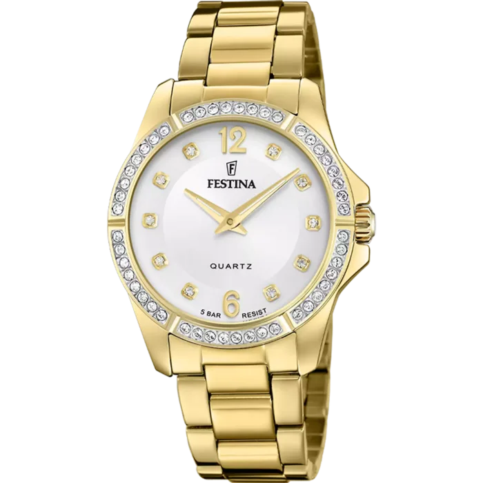 Reloj de pulsera Festina Mademoiselle F20596/1 para mujer con brazalete de acero dorado, esfera plateada y bisel decorado con brillantes circonitas.
