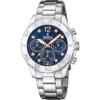 Reloj Festina Boyfriend F20603/3 cronógrafo de mujer en acero con esfera azul, circonitas y detalles oro rosa, sobre fondo blanco.