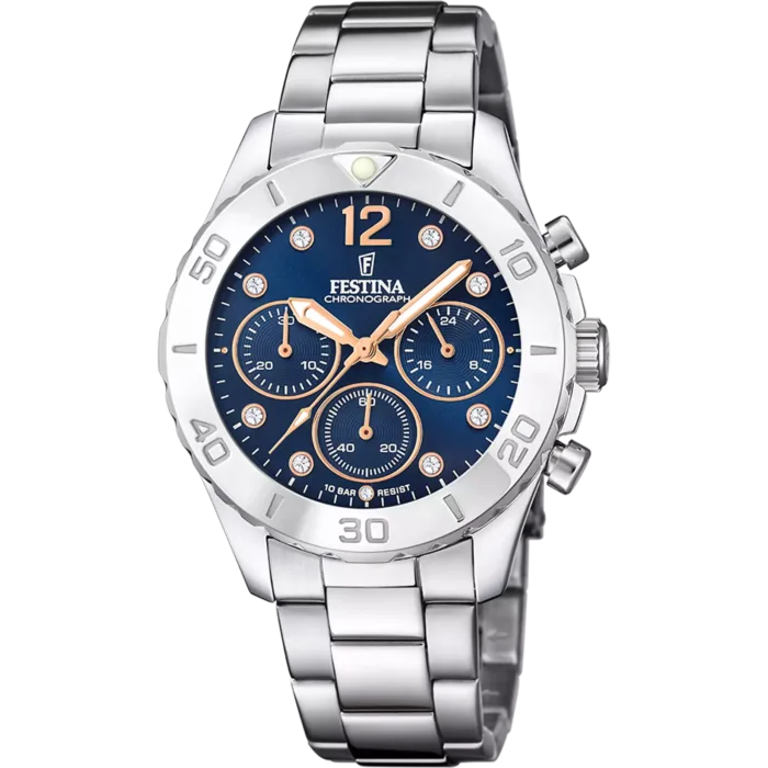 Reloj Festina Boyfriend F20603/3 cronógrafo de mujer en acero con esfera azul, circonitas y detalles oro rosa, sobre fondo blanco.
