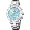 Reloj cronógrafo Festina Boyfriend F20603/4 de mujer en acero inoxidable con esfera azul claro, circonitas y detalles oro rosa, sobre fondo blanco.