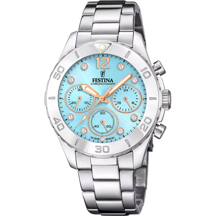 Reloj cronógrafo Festina Boyfriend F20603/4 de mujer en acero inoxidable con esfera azul claro, circonitas y detalles oro rosa, sobre fondo blanco.