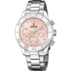 Reloj cronógrafo Festina Boyfriend F20603/7 de mujer con caja de acero, brazalete metálico y esfera color rosa pastel con circonitas brillantes, sobre fondo blanco.