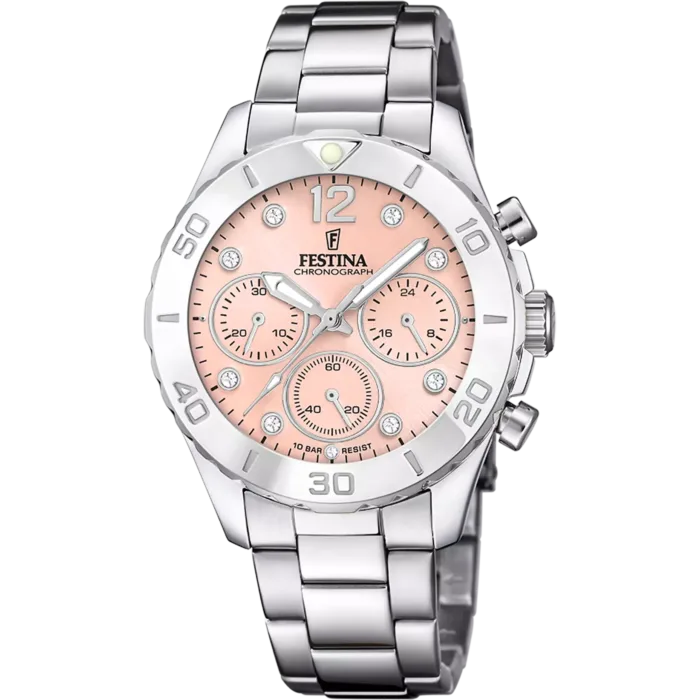 Reloj cronógrafo Festina Boyfriend F20603/7 de mujer con caja de acero, brazalete metálico y esfera color rosa pastel con circonitas brillantes, sobre fondo blanco.