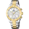 Reloj cronógrafo Festina Boyfriend F20604/1 de mujer con diseño bicolor en acero y oro, esfera de nácar clara y circonitas brillantes, sobre fondo blanco.