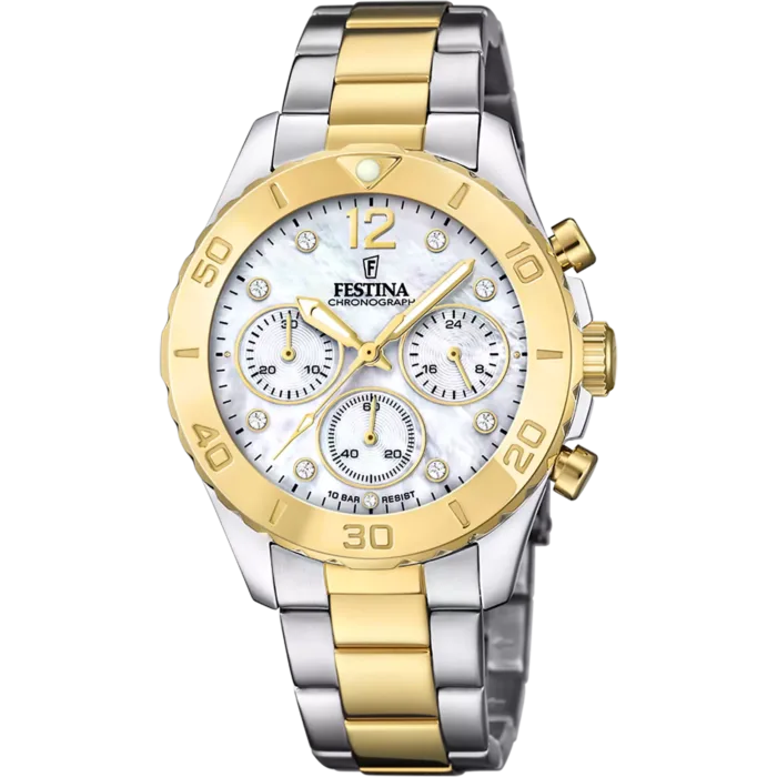 Reloj cronógrafo Festina Boyfriend F20604/1 de mujer con diseño bicolor en acero y oro, esfera de nácar clara y circonitas brillantes, sobre fondo blanco.