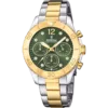 Reloj cronógrafo Festina Boyfriend F20604/2 de mujer con diseño bicolor en acero y oro amarillo, esfera de color verde oliva con circonitas brillantes, sobre fondo blanco.