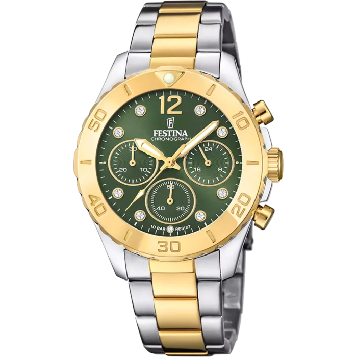Reloj cronógrafo Festina Boyfriend F20604/2 de mujer con diseño bicolor en acero y oro amarillo, esfera de color verde oliva con circonitas brillantes, sobre fondo blanco.