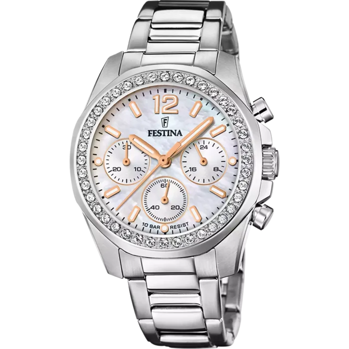 Reloj cronógrafo de mujer Festina Rainbow referencia F20606/1 con esfera de madreperla, bisel de circonitas brillantes y correa de acero sobre fondo blanco.