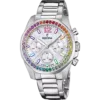 Reloj cronógrafo de mujer Festina Rainbow referencia F20606/2 con esfera de madreperla, bisel de circonitas multicolor efecto arcoíris y correa de acero sobre fondo blanco.