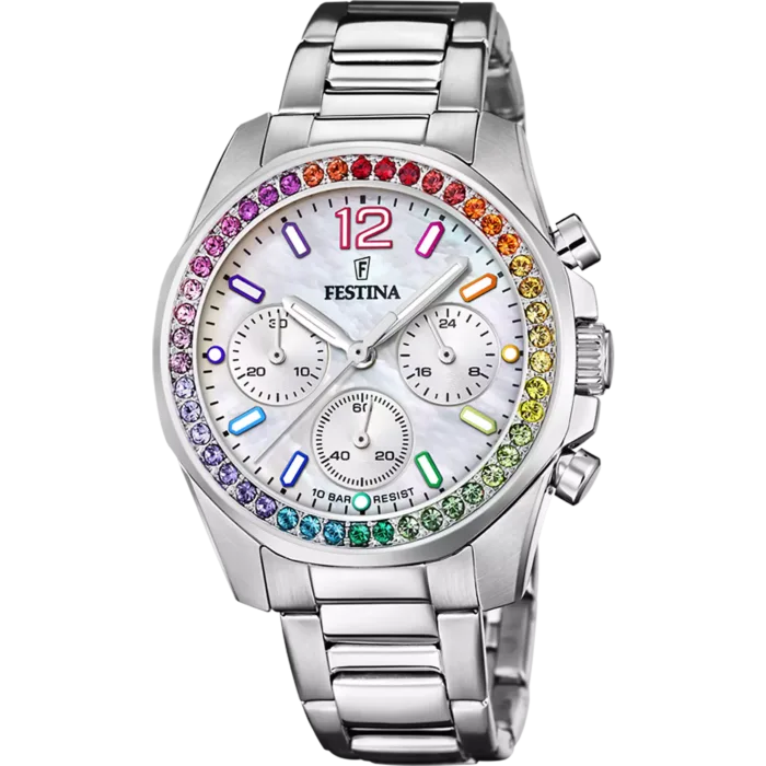 Reloj cronógrafo de mujer Festina Rainbow referencia F20606/2 con esfera de madreperla, bisel de circonitas multicolor efecto arcoíris y correa de acero sobre fondo blanco.