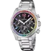 Reloj cronógrafo de mujer Festina Rainbow referencia F20606/3 con esfera de color negro, bisel de circonitas multicolor y correa de acero sobre fondo blanco.