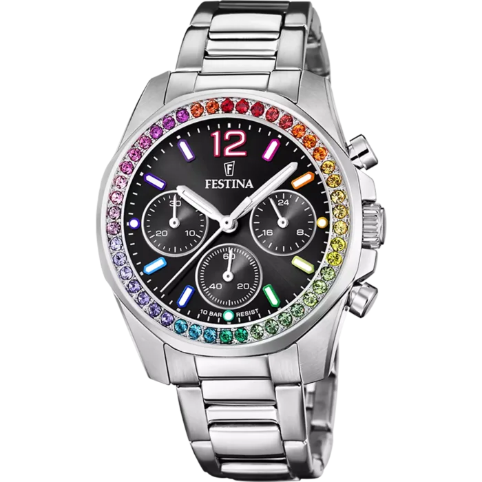 Reloj cronógrafo de mujer Festina Rainbow referencia F20606/3 con esfera de color negro, bisel de circonitas multicolor y correa de acero sobre fondo blanco.