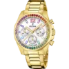 Reloj cronógrafo de mujer Festina Rainbow referencia F20609/2 en acero inoxidable color oro, con bisel de circonitas multicolor y esfera blanca sobre fondo blanco.