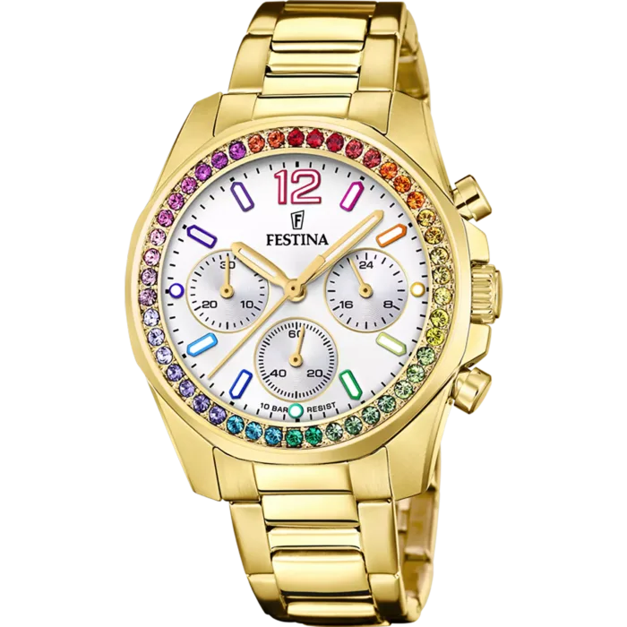 Reloj cronógrafo de mujer Festina Rainbow referencia F20609/2 en acero inoxidable color oro, con bisel de circonitas multicolor y esfera blanca sobre fondo blanco.