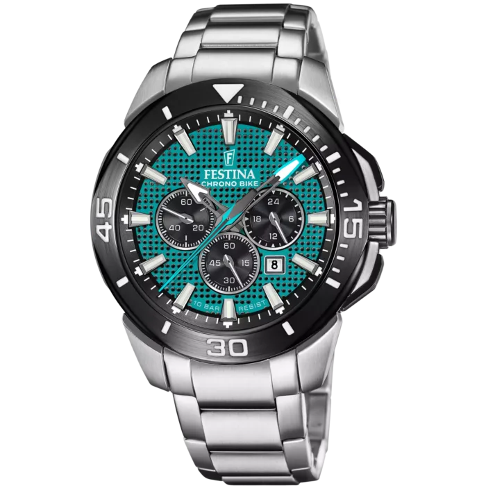 Reloj cronógrafo para hombre Festina Chrono Bike F20641/3 con esfera verde turquesa texturizada, bisel negro y brazalete de acero inoxidable.