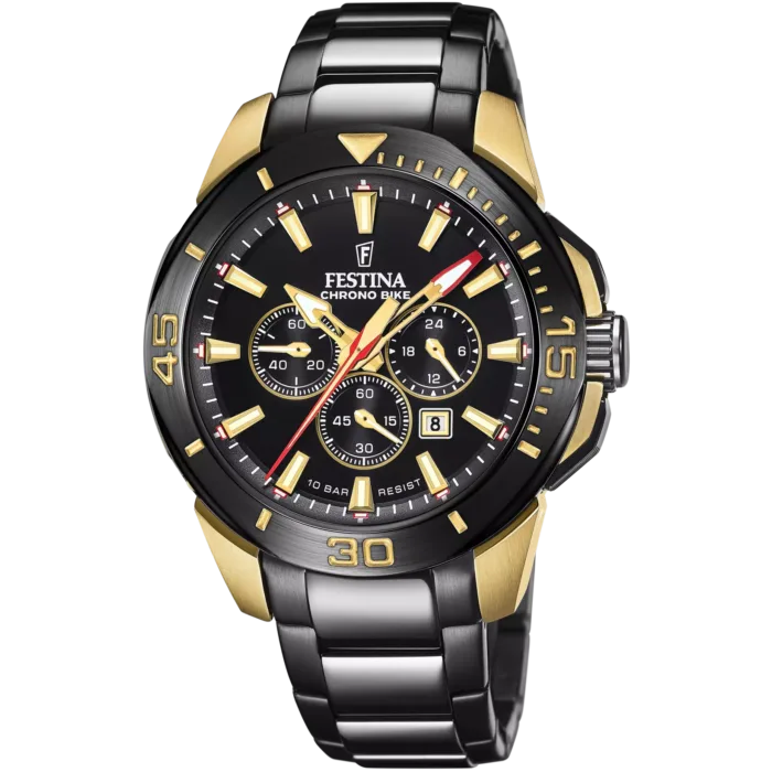 Reloj de hombre Festina Chrono Bike F20644/1 en acero negro y detalles dorados.