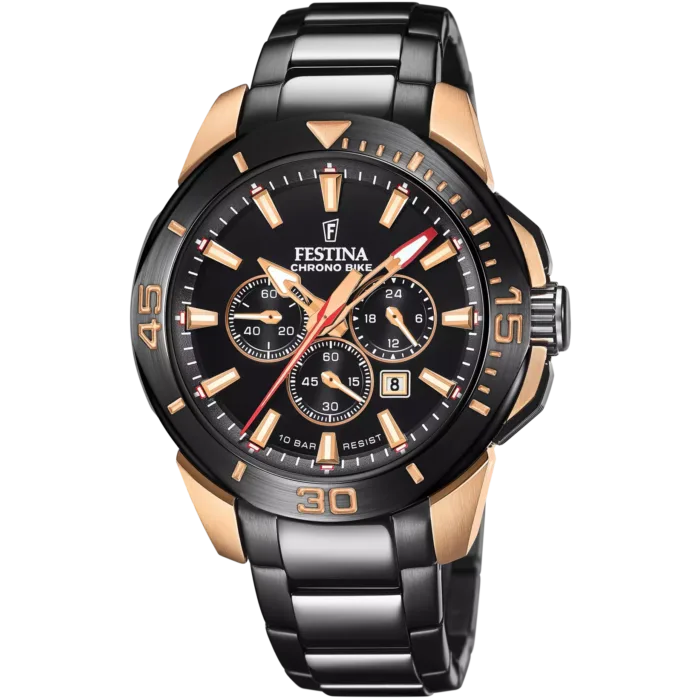Reloj Festina Chrono Bike F20645/1 de hombre en acero negro con detalles oro rosa.