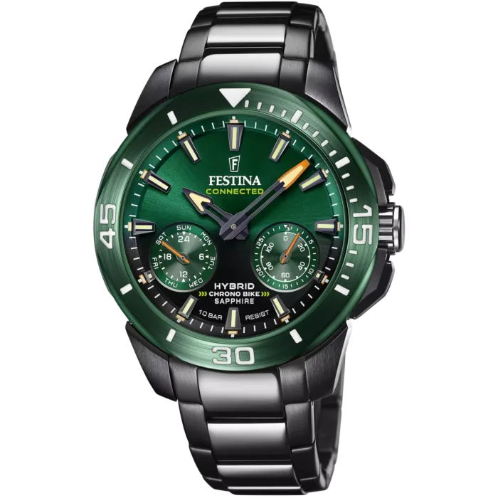 Reloj híbrido inteligente Festina Connected F20646/1 para hombre con brazalete de acero inoxidable plateado, caja de acero y una elegante esfera color verde.