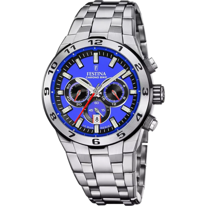 Reloj cronógrafo para hombre Festina Chrono Bike F20670/3 con esfera azul, bisel numerado y correa de acero inoxidable, archivo f20670_3.webp.