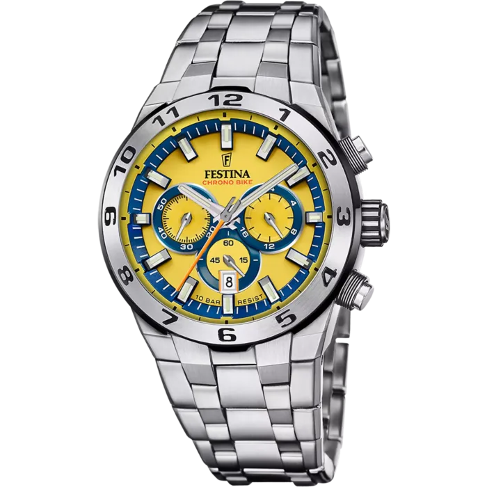 Reloj cronógrafo Festina Chrono Bike F20670/4 para hombre con llamativa esfera amarilla, detalles en azul y brazalete de acero inoxidable, mostrado en el archivo f20670_4.webp.