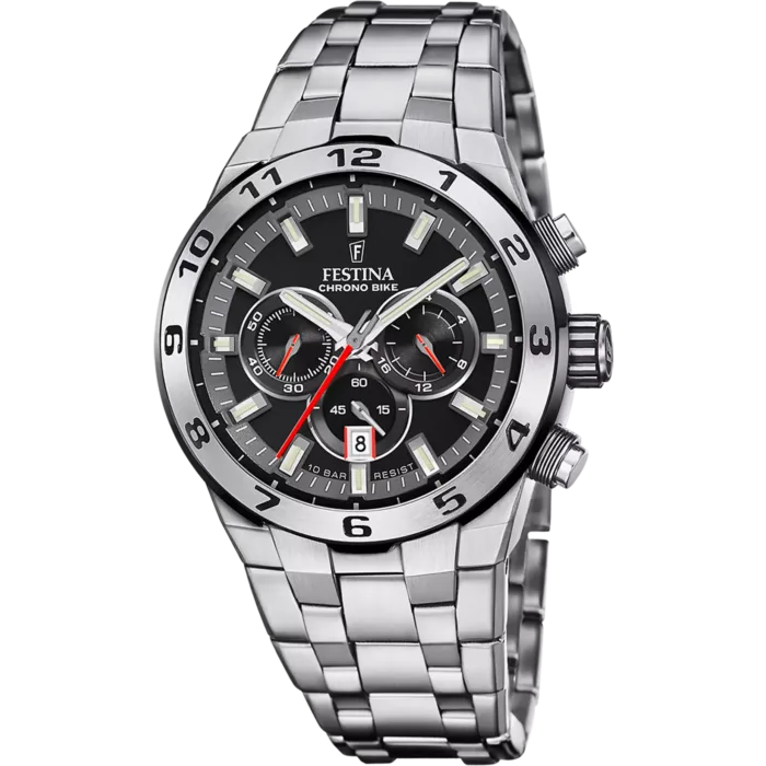 Reloj deportivo Festina Chrono Bike F20670/6 para hombre con esfera negra, detalles en rojo y brazalete de acero inoxidable, correspondiente al archivo f20670_6.webp.