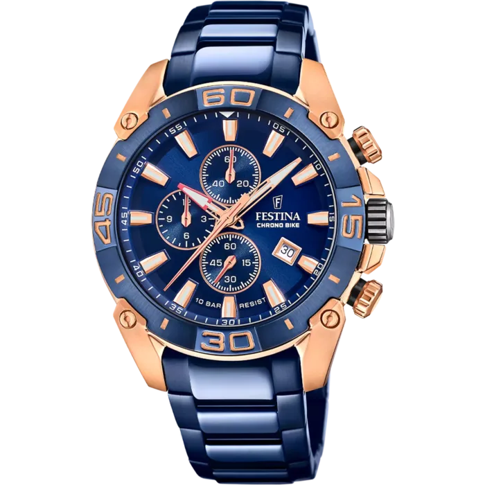 Reloj de hombre Festina Chrono Bike F20711/1 en acero azul marino y detalles oro rosa.