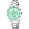 Reloj cronógrafo unisex Festina Boyfriend F20753/1 con caja y brazalete de acero inoxidable plateado, dial color verde menta y tres subesferas funcionales.