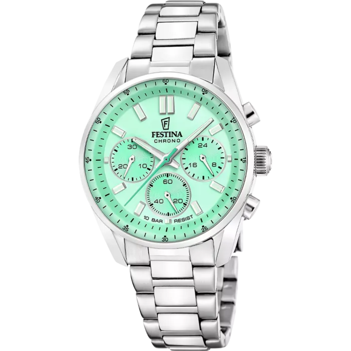 Reloj cronógrafo unisex Festina Boyfriend F20753/1 con caja y brazalete de acero inoxidable plateado, dial color verde menta y tres subesferas funcionales.