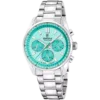 Reloj cronógrafo unisex Festina Boyfriend F20753/3 de acero inoxidable plateado con esfera color verde turquesa, tres subesferas analógicas y manecillas luminiscentes.