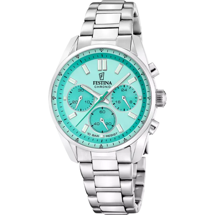 Reloj cronógrafo unisex Festina Boyfriend F20753/3 de acero inoxidable plateado con esfera color verde turquesa, tres subesferas analógicas y manecillas luminiscentes.