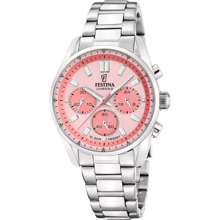 Reloj cronógrafo unisex Festina Chrono Boyfriend referencia F20753/4 con esfera rosa, caja y correa de acero inoxidable sobre fondo blanco.