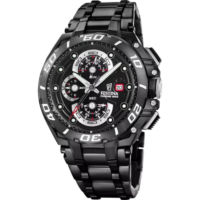 Reloj Festina Chrono Bike Special Edition F20756/1 negro IP con brazalete de acero en fondo blanco.