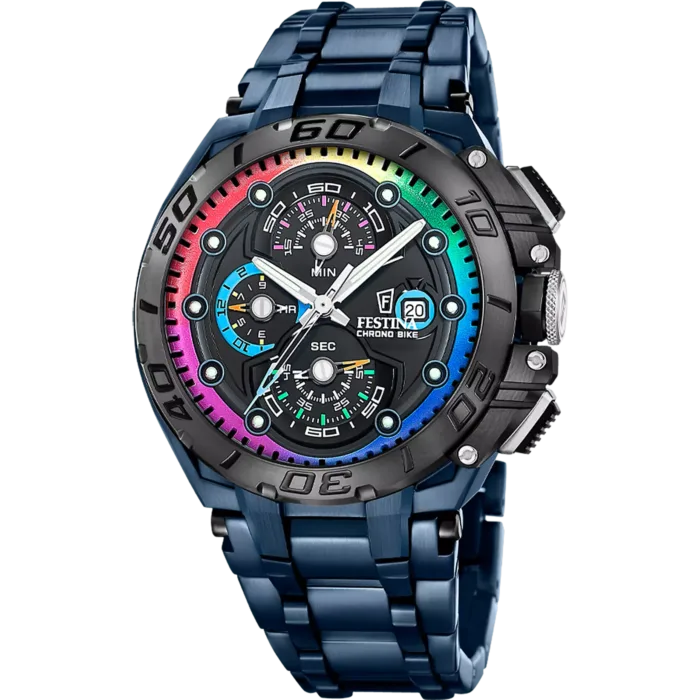 Reloj deportivo Festina F20759/1 Chrono Bike Special Edition de hombre con caja y correa de acero inoxidable azul y detalles arcoíris en la esfera.