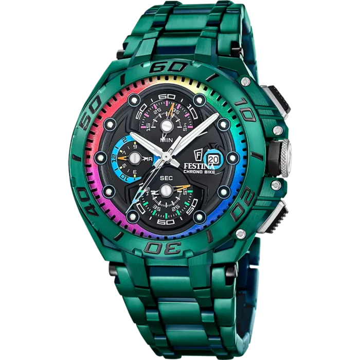 Reloj deportivo Festina F20760/1 Chrono Bike Special Edition de hombre con caja y correa de acero inoxidable verde y detalles arcoíris en la esfera.