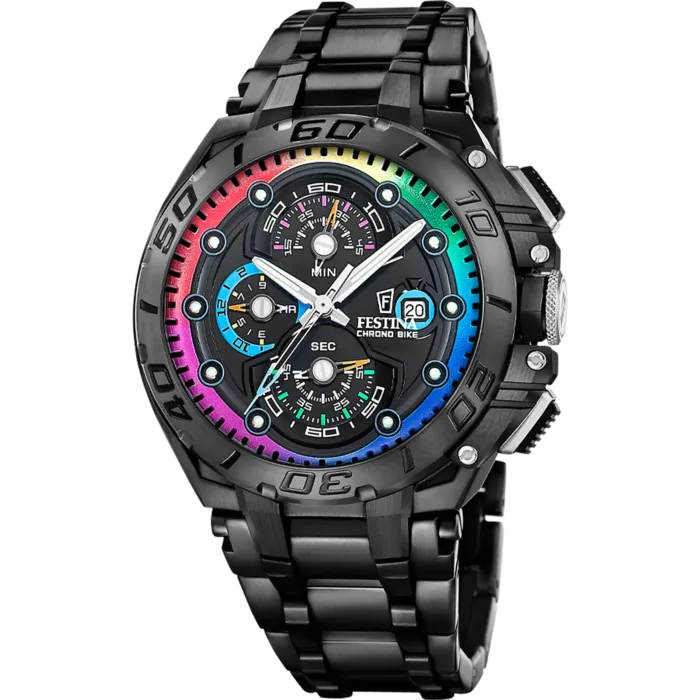 Reloj cronógrafo para hombre Festina Chrono Bike Special Editions F20761/1 en color negro mate con un bisel interior multicolor efecto arcoíris, como se muestra en el archivo f20761_3 (3).webp.