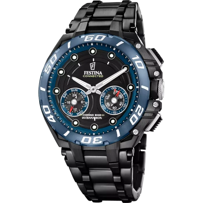 Reloj inteligente híbrido Festina Connected D F20762/1 de acero inoxidable negro con bisel azul y dial cronógrafo.