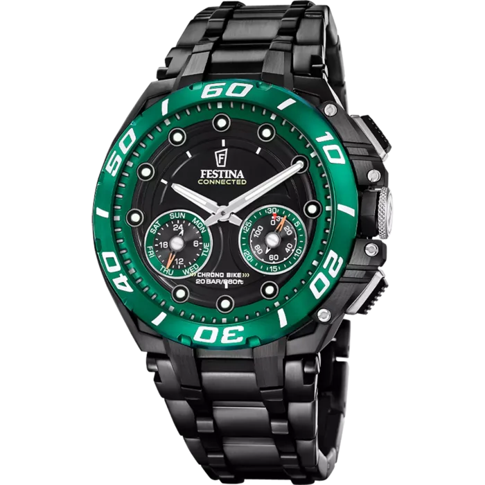 Reloj híbrido inteligente Festina Connected D Chrono Bike F20762/2 para hombre con brazalete de acero negro, esfera negra y bisel deportivo verde.