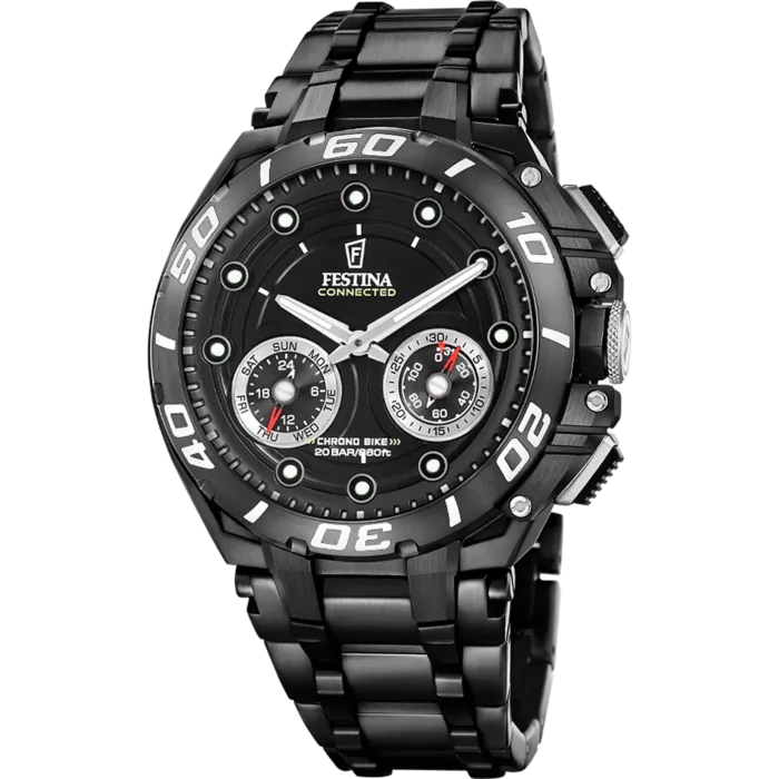 Reloj híbrido inteligente Festina Connected D Chrono Bike F20762/3 para hombre con brazalete y caja de acero negro, esfera negra y detalles deportivos.