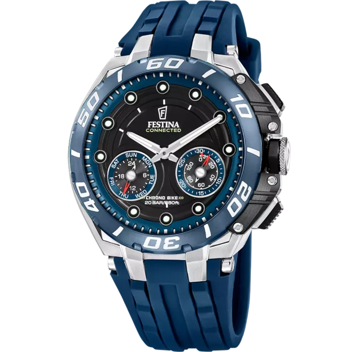 Reloj híbrido inteligente Festina Connected D Chrono Bike F20763/1 para hombre con correa de caucho azul, caja de acero y bisel deportivo azul con esfera negra.