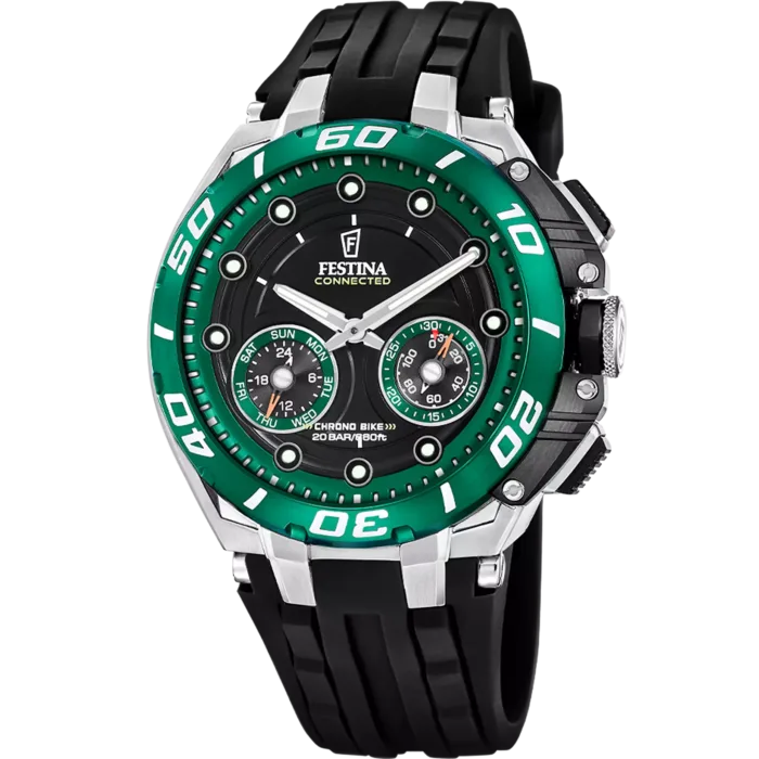 Reloj híbrido inteligente Festina Connected D Chrono Bike F20763/2 para hombre con correa de caucho negra, caja de acero y bisel deportivo verde con esfera negra.