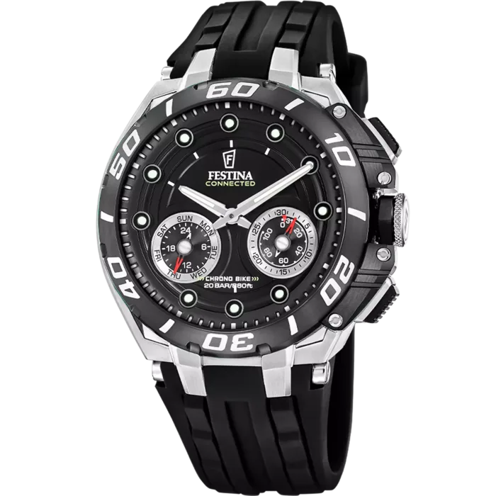 Reloj híbrido inteligente Festina Connected D Chrono Bike F20763/3 para hombre con correa de caucho negra, caja de acero y bisel deportivo negro con esfera a juego.