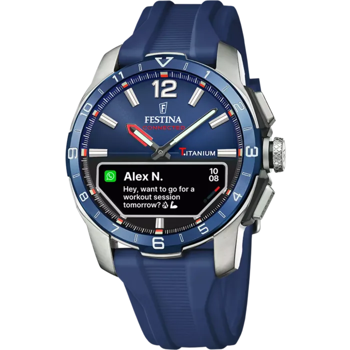 Reloj híbrido inteligente Festina Connected-D F23000/1 de hombre en titanio con correa de caucho azul marino y pantalla digital OLED activa.