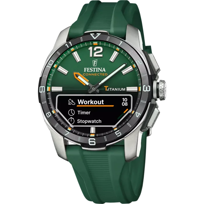 Compra el reloj Festina Connected-D F23000/2 inteligente para hombre. Modelo híbrido de titanio con cristal zafiro, funciones de entrenamiento y correa verde. ¡Envío gratis!