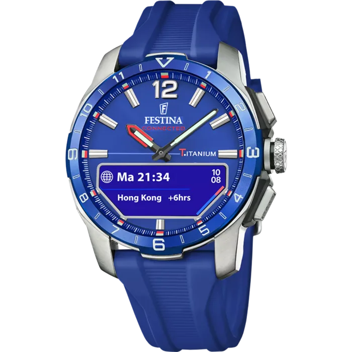 Reloj híbrido inteligente Festina Connected-D F23000/3 de hombre en titanio con correa de caucho azul y pantalla digital OLED con función de segundo huso horario.