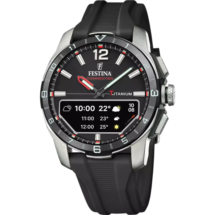 Reloj híbrido inteligente Festina Connected-D F23000/4 de hombre en titanio con correa de caucho negra y pantalla digital OLED con información meteorológica.