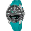 Reloj híbrido para hombre Festina Connected D F23000/5 con esfera negra, caja de titanio, pantalla digital de notificaciones de llamadas y correa de silicona color turquesa sobre fondo blanco.