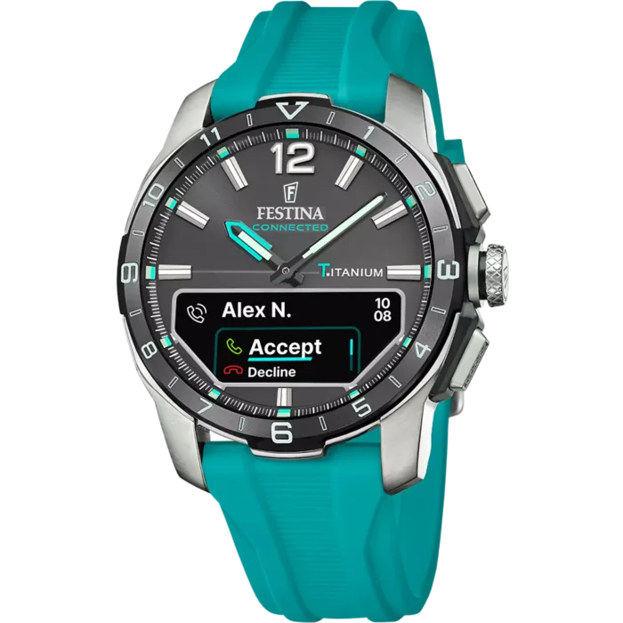 Reloj híbrido para hombre Festina Connected D F23000/5 con esfera negra, caja de titanio, pantalla digital de notificaciones de llamadas y correa de silicona color turquesa sobre fondo blanco.