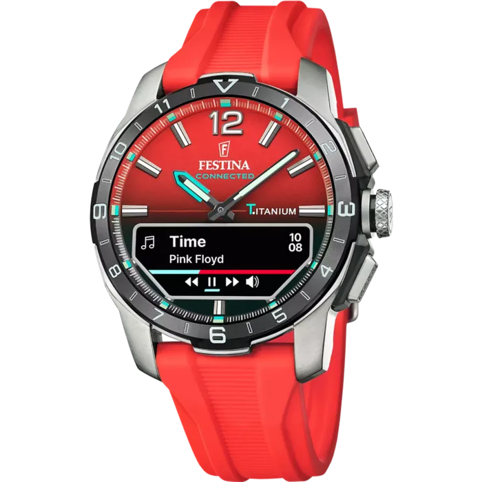 Reloj híbrido para hombre Festina Connected D F23000/6 con esfera y correa de silicona en color rojo, caja de titanio y pantalla digital integrada que muestra el control de reproducción de música.