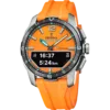 Reloj híbrido para hombre Festina Connected D F23000/7 con esfera y correa de silicona naranja, caja de titanio y pantalla digital integrada que muestra datos de rendimiento deportivo en carrera.