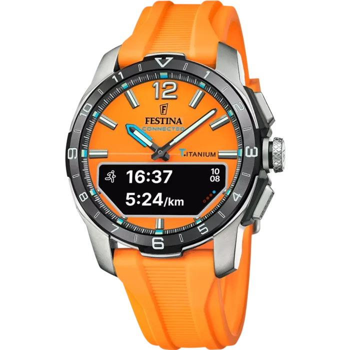 Reloj híbrido para hombre Festina Connected D F23000/7 con esfera y correa de silicona naranja, caja de titanio y pantalla digital integrada que muestra datos de rendimiento deportivo en carrera.